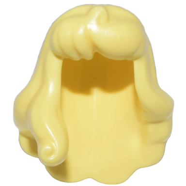 bright light yellow minifigure hair female long with part over right shoulder curled ends hole on top