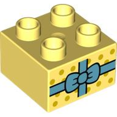 bright light yellow duplo brick 2 x 2 with present gift with medium azure ribbon with bow and yellow polka dots pattern