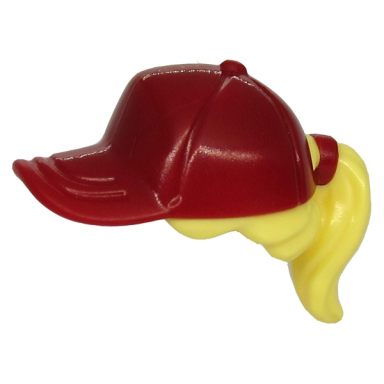 bright light yellow minifigure hair combo hair with hat ponytail with molded dark red ball cap pattern