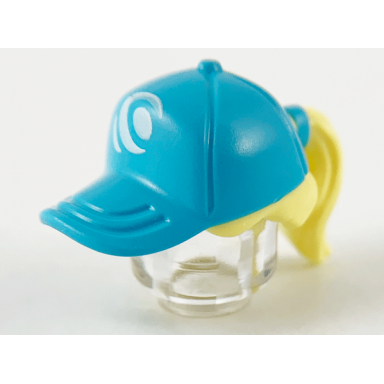 bright light yellow minifigure hair combo hair with hat ponytail with molded medium azure ball cap and printed white wave logo pattern