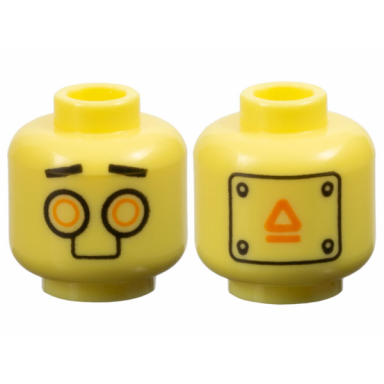 bright light yellow minifigure head alien robot black straight eyebrows orange circle eyes warning panel on back pattern
