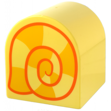 bright light yellow duplo brick 2 x 2 x 2 slope curved double with orange and bright light orange snail shell pattern