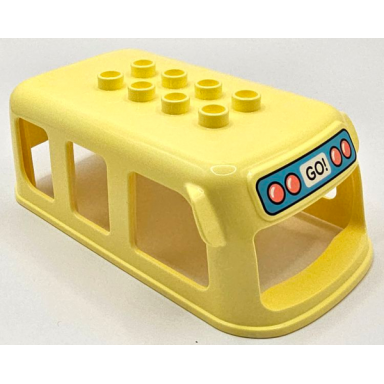bright light yellow duplo bus small top section with 3 windows on sides with black go! and 4 coral circles lights on medium azure background pattern