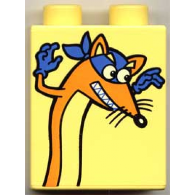 bright light yellow duplo brick 1 x 2 x 2 with swiper the fox looking to his left pattern