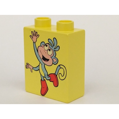 bright light yellow duplo brick 1 x 2 x 2 with boots the monkey pattern
