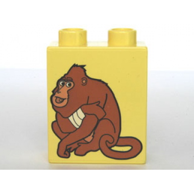 bright light yellow duplo brick 1 x 2 x 2 with sitting ape pattern from dora the explorer