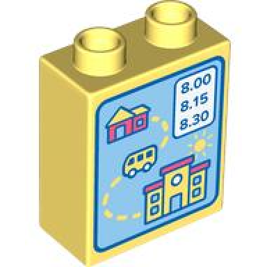 bright light yellow duplo brick 1 x 2 x 2 with map coral buildings and white bus timetable with blue 8.00 8.15 8.30 and border on medium blue background pattern