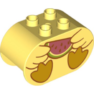 bright light yellow duplo brick 2 x 4 x 2 rounded ends with wings holding watermelon slice and bright light orange webbed feet duck body pattern