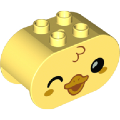 bright light yellow duplo brick 2 x 4 x 2 rounded ends with black eyes wink and bright light orange beak and cheeks duck head pattern