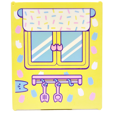 bright light yellow glass for window 1 x 6 x 6 flat front with bright light blue bright pink and white cat heads window shade and shelf with kitchen utensils pattern