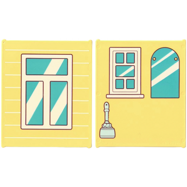 bright light yellow glass for window 1 x 6 x 6 flat front with window with medium azure panes white frame and reflections small window curved top mirror and light aqua toilet cleaning brush pattern