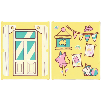 bright light yellow glass for window 1 x 6 x 6 flat front with window with medium azure panes white frame bottom panels and reflections bright pink stick unicorn lizard rainbow beach ball taped pictures hanging map and bunting pattern