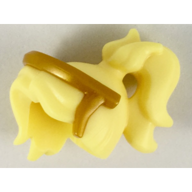 bright light yellow minifigure hair long ponytail on top long bangs parted on left gold tiara pattern