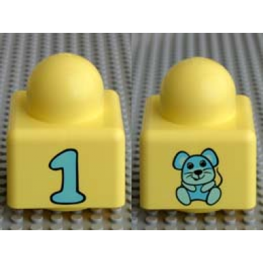 bright light yellow primo brick 1 x 1 with number 1 and mouse pattern on opposite sides