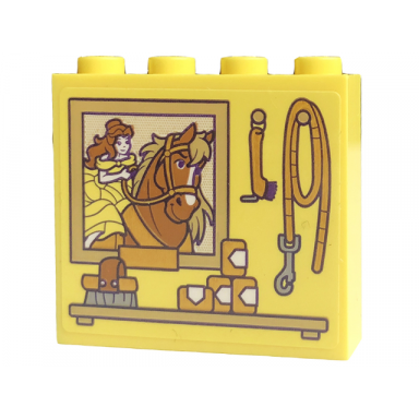 bright light yellow brick 1 x 4 x 3 with picture with horse and belle leash and brush on shelf pattern sticker - set 43195