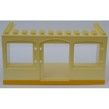 bright light yellow duplo building 6 x 12 x 5 with center door opening and two window openings with bright light orange bottom pattern