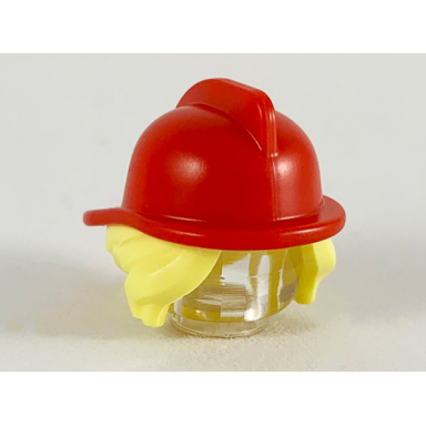 bright light yellow minifigure hair combo hair with hat side bangs and bun with molded red fire helmet pattern