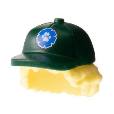 bright light yellow minifigure hair combo hair with hat bushy hair with dark green ball cap with blue patch with white paw pattern