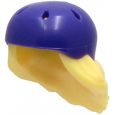 bright light yellow minifigure hair combo hair with hat medium length with molded dark purple bicycle helmet pattern