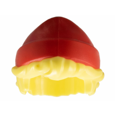 bright light yellow mini doll hair combo hair with hat short tousled with molded red beanie knit cap pattern
