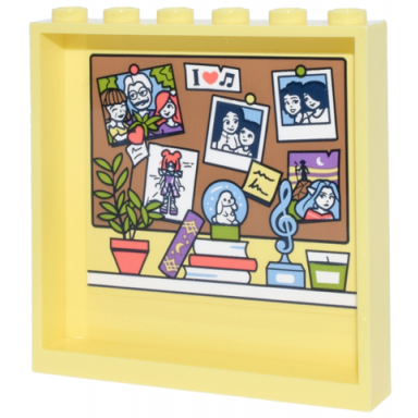 bright light yellow panel 1 x 6 x 5 with bulletin board with photos notes and pins shelf with plant books and treble clef statue pattern sticker - set 42647