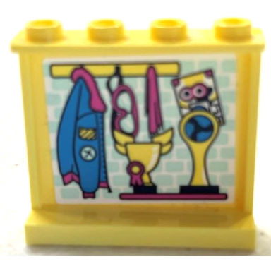 bright light yellow panel 1 x 4 x 3 with side supports - hollow studs with dark azure hanging aviator jacket dark pink goggles scarf robot picture and trophies pattern sticker - set 41343