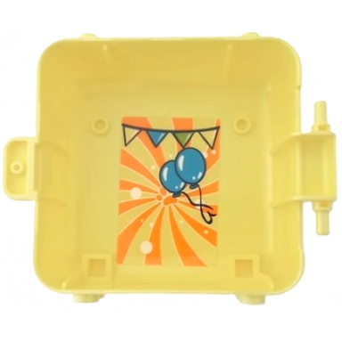 bright light yellow container box 3 x 8 x 6 2 3 half front with dark blue white dark pink and bright light orange pug face with tongue and bunting dark turquoise balloons orange paw print and stripes in swirl pattern sticker - set 41664