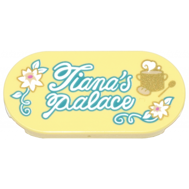 bright light yellow tile round 2 x 4 oval with white and gold flowers and cooking pot with steam dark turquoise vines leaves and script tianas palace pattern