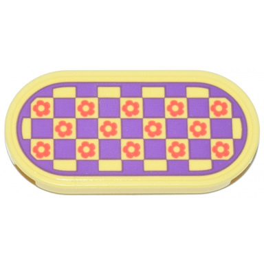 bright light yellow tile round 2 x 4 oval with rug with medium lavender checkerboard and coral flowers pattern sticker - set 42647