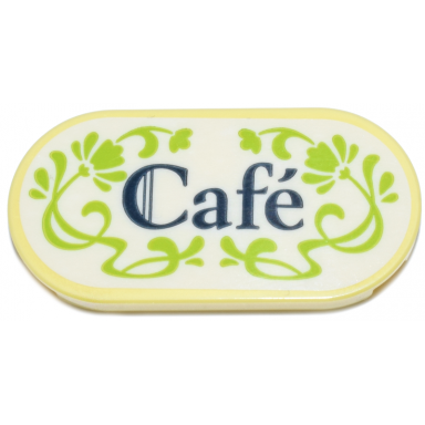 bright light yellow tile round 2 x 4 oval with white sign lime filigree and flowers dark blue café cafe pattern sticker - set 42671