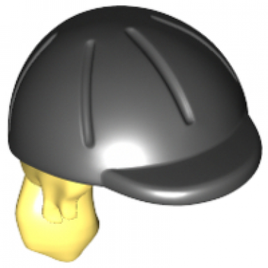 bright light yellow mini doll hair combo hair with hat long ponytail side bangs hole in back with molded black horse riding helmet pattern