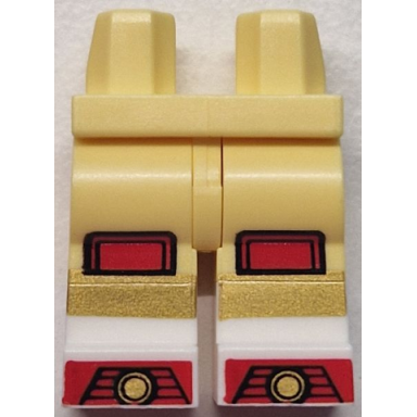 bright light yellow hips and legs with molded white lower legs boots and printed red and gold knee pads stripes and shoe tips pattern