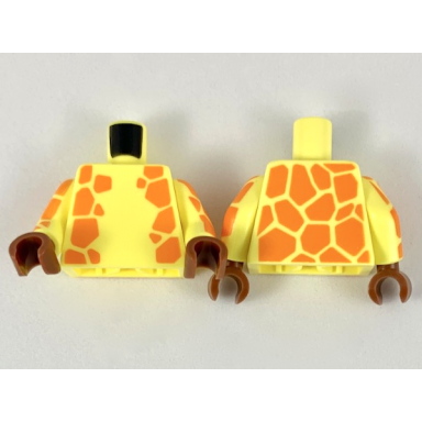 bright light yellow torso animal print orange giraffe spots pattern bright light yellow arms with orange giraffe spots pattern reddish brown hands