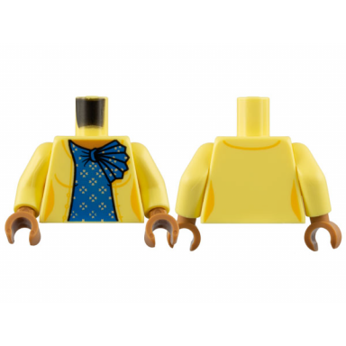 bright light yellow torso female jacket medium nougat neck blue shirt with ruffle flowers pattern bright light yellow arms medium nougat hands