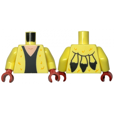bright light yellow torso coat with bright light orange swirls feathers black dress light nougat neck fur on back pattern bright light yellow arms red hands