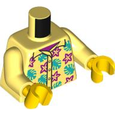 bright light yellow torso shirt with buttons magenta flowers and dark turquoise leaves over undershirt pattern bright light yellow arms yellow hands