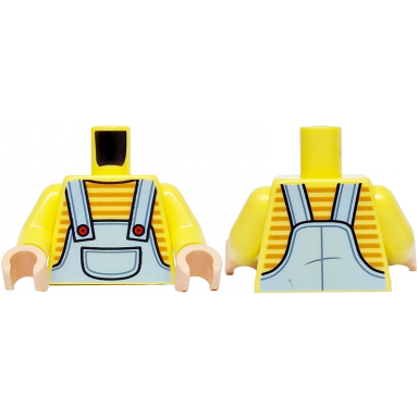 bright light yellow torso bright light blue overalls with pocket and red buttons over shirt with medium nougat stripes pattern bright light yellow arms light nougat hands