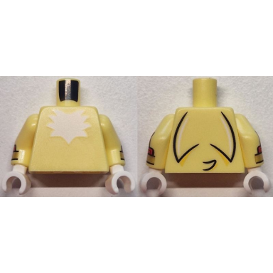 bright light yellow torso with white chest fur and black tail on back pattern bright light yellow arms with red cuffs and gold bracelets pattern white hands