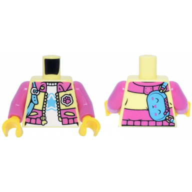bright light yellow torso jacket open with pockets heart zipper and dark pink collar waistband panel and paw print patch over white shirt with medium blue star bunny rabbit shoulder bag with strap and buckle pattern dark pink arms yellow hands