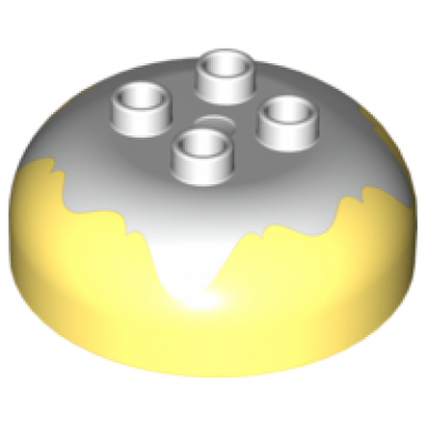 bright light yellow duplo brick round 4 x 4 dome top with 2 x 2 studs with marbled white pattern
