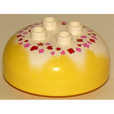 bright light yellow duplo brick round 4 x 4 dome top with 2 x 2 studs with marbled white with red and pink hearts and stars pattern