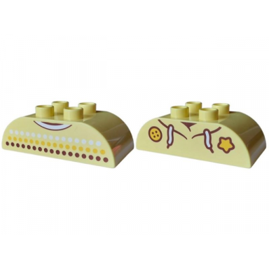 bright light yellow duplo brick 2 x 4 slope curved double with reddish brown bright light orange and white dots and collar hoodie with laces button and star pattern