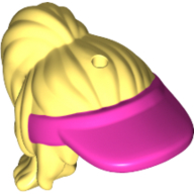 bright light yellow mini doll hair combo hair with hat long ponytail side bangs hole on top with dark pink sun visor pattern