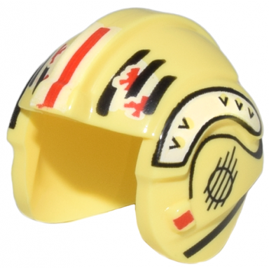 bright light yellow minifigure headgear helmet sw rebel pilot with red white and black lines and markings pattern garven dreis red leader
