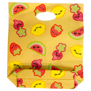 duplo cloth shopping bag with lemons radishes strawberries and watermelon slices with faces pattern - traditional starched fabric