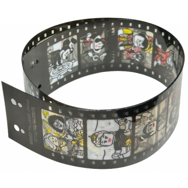 plastic filmstrip roll with black frames and 20 disney film images pattern