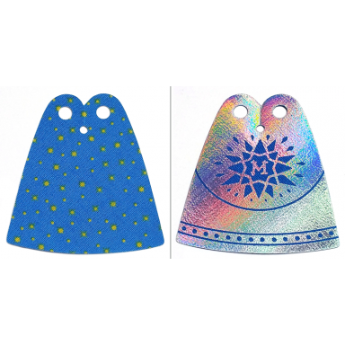 mini doll cape cloth friends tapered with 2 small top holes blue side with yellow stars and iridescent side with dark blue star and letter m pattern