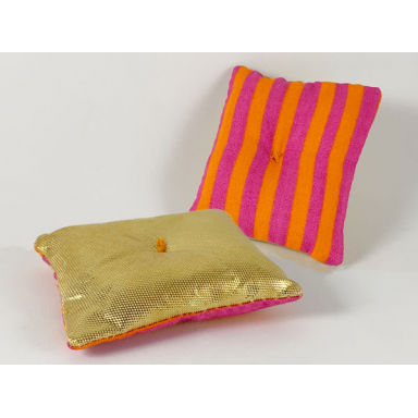 belville cloth pillow 6 x 7 with gold on one side and magenta and orange stripes on other side pattern