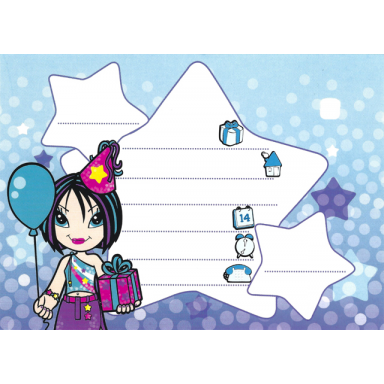 clikits paper party invitation with star character holding balloon and present on blue gradient background pattern
