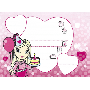 clikits paper party invitation with heart character holding balloon and cake on pink gradient background pattern